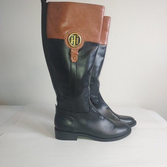 Tommy Hilfiger blk/brown faux leather almond toe knee high riding boot. - Picture 1 of 7